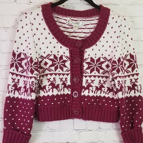 DECREE Girls Junior sz Large Cropped Button Front Reindeer Boysenberry Sweater L - Picture 8 of 8